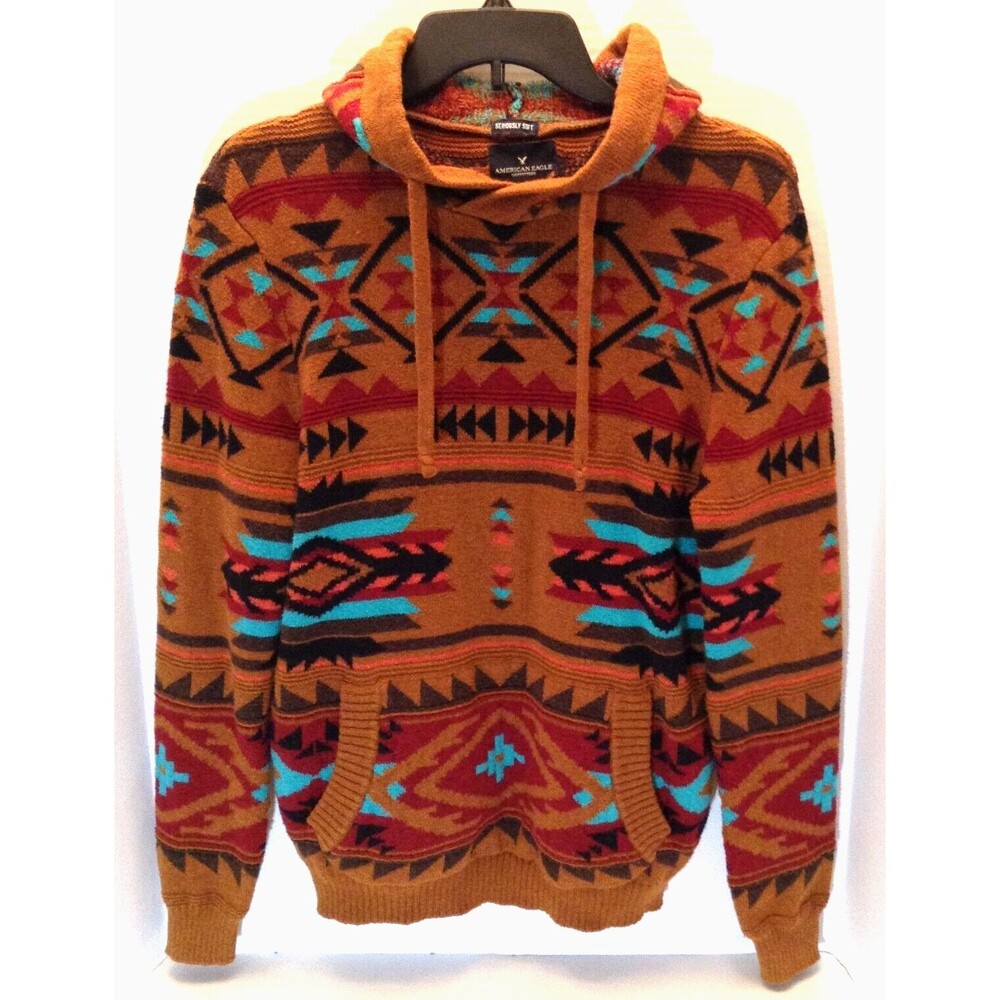 American Eagle Sweater Hoodie Women S Brown Aztec Southwestern Knit Pullover